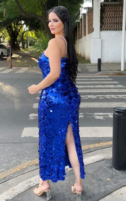 Vestido Lentejuela Azul Tirantes