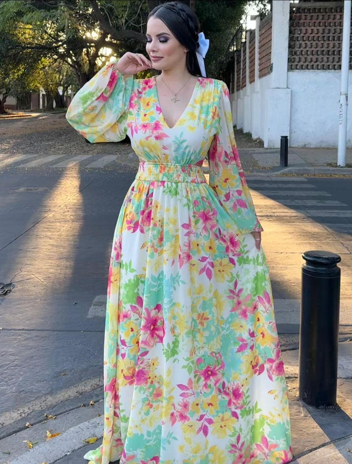 Vestido Flores Manga Larga
