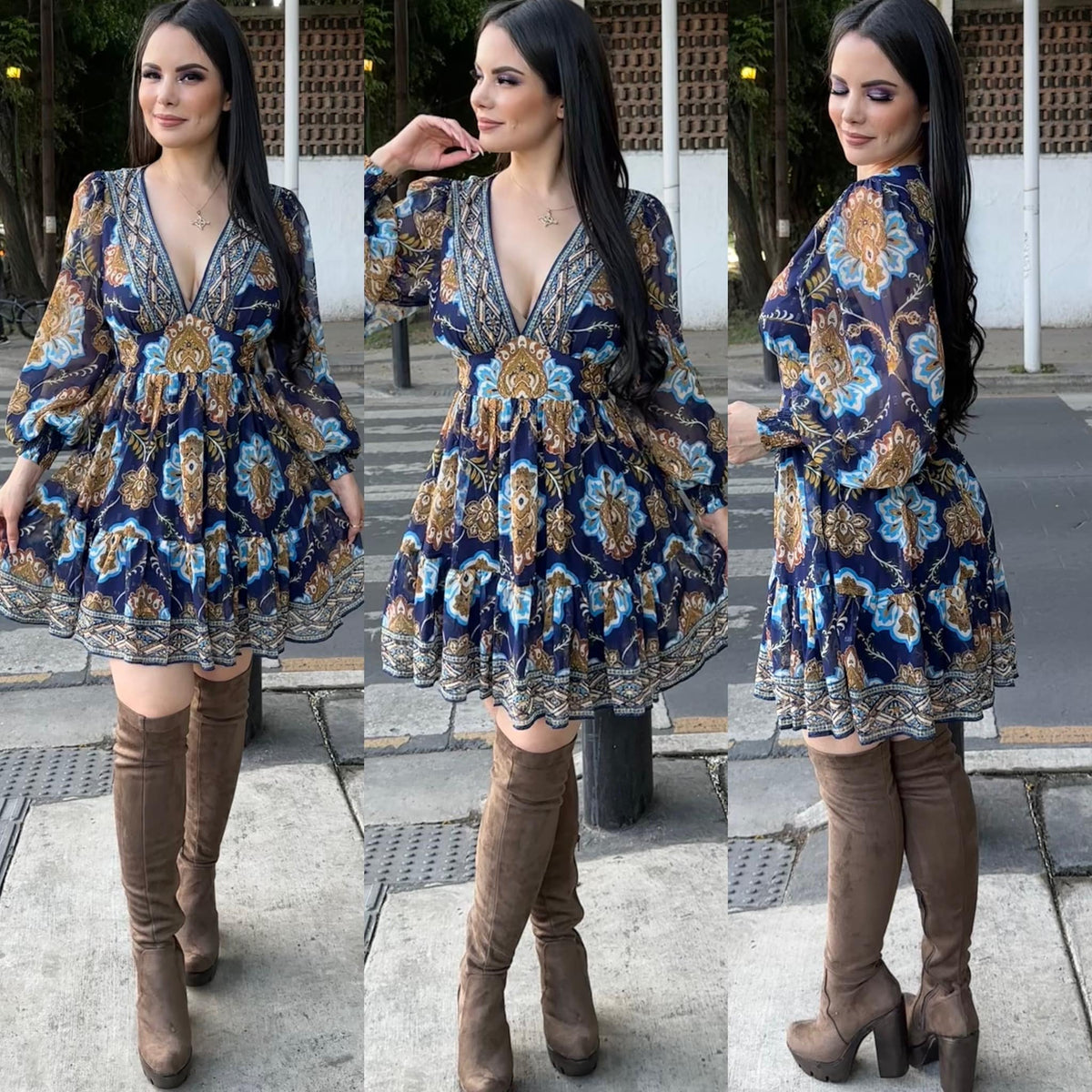 Vestido Midi Azul con Cafe