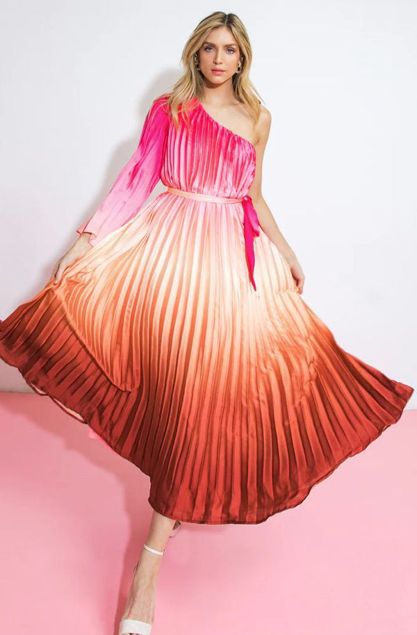 Vestido Al Hombro Degradado Rosa