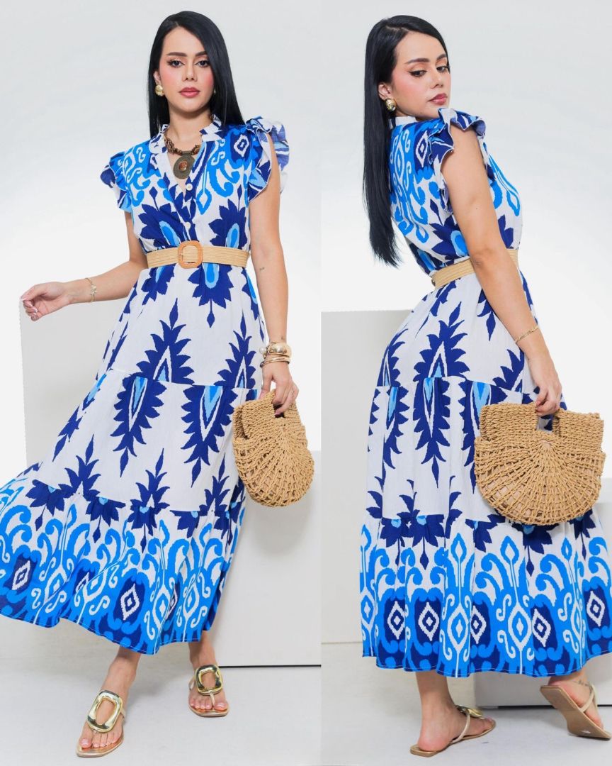 Vestido Azul cinto caqui