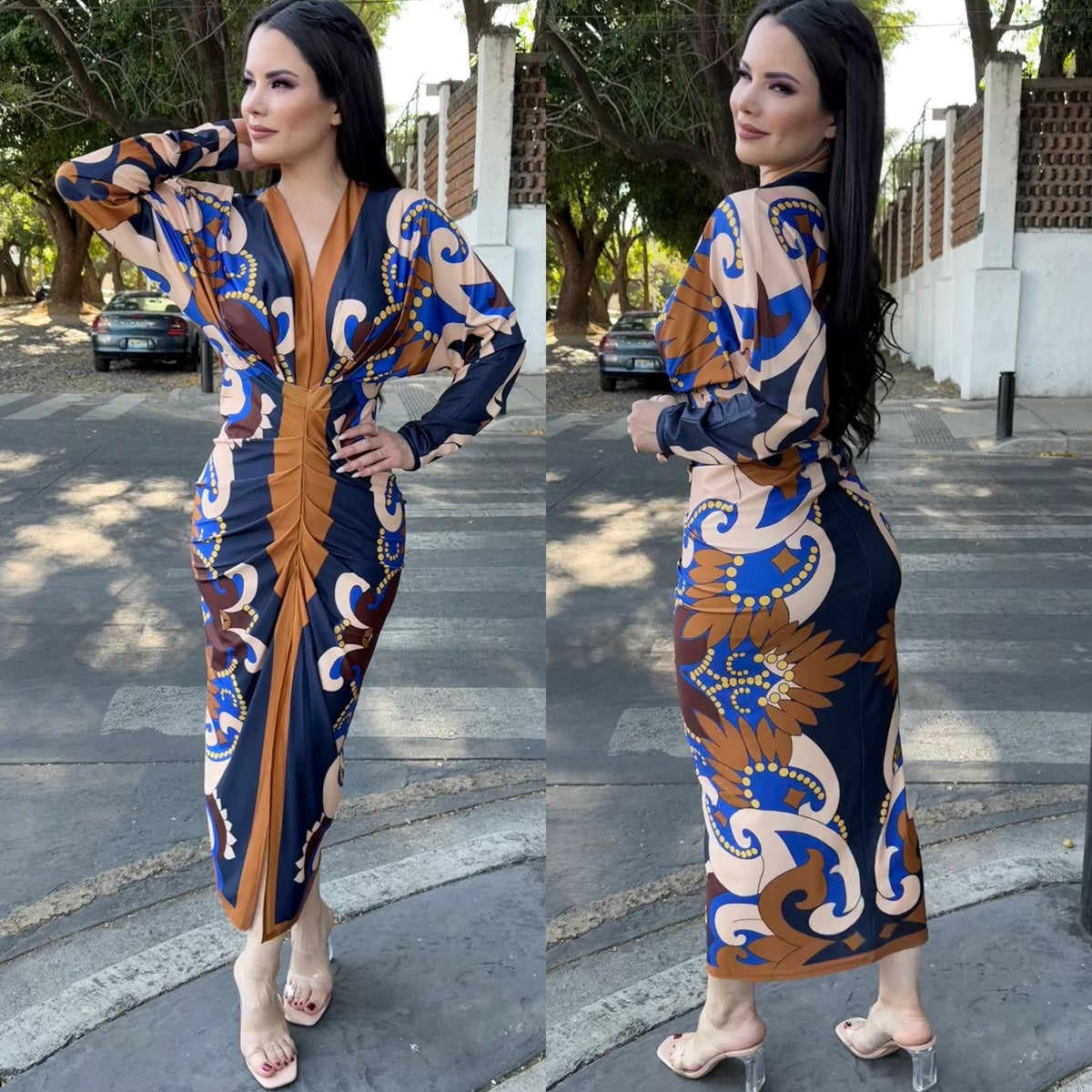 Vestido Azul/Cafe Fruncido